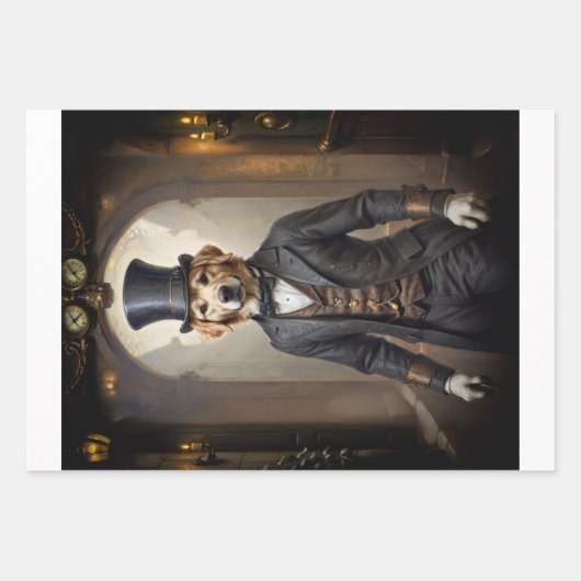 Feuille De Papier Cadeau 3 Golden Retriever en Belle Epoque (Devant 3)