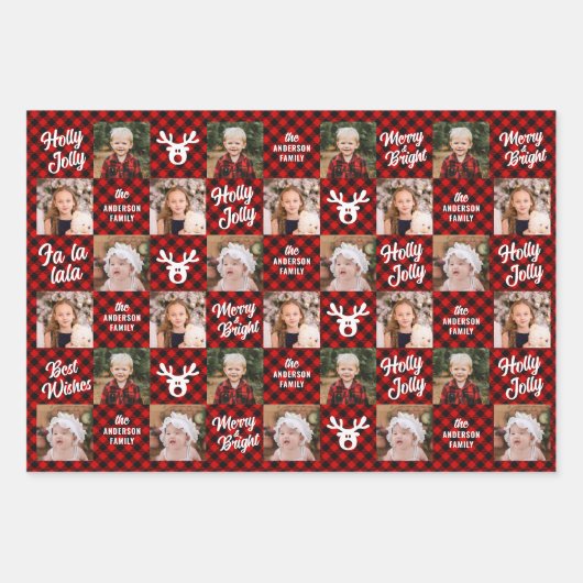 Feuille De Papier Cadeau 3 Photo Family Buffalo Plaid White Reinder (Devant 2)