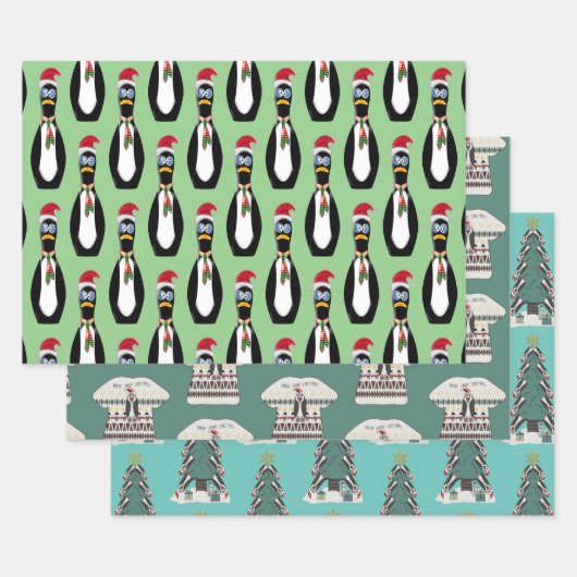 Feuille De Papier Cadeau 3 Pingouins amusants Noël (Lot)