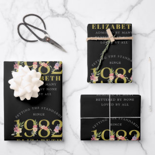 Feuille De Papier Cadeau 40e anniversaire 1982 Black Gold Floral Personnali