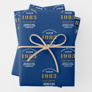Feuille De Papier Cadeau 40e anniversaire 1983 Blue Gold Chic Elegant
