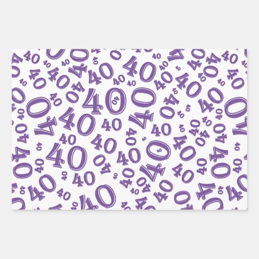 Feuille De Papier Cadeau 40e anniversaire Purple & White Numéro Motif 40 (Devant 2)