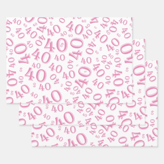 Feuille De Papier Cadeau 40e anniversaire rose et blanc Motif numéro 40 (Lot)