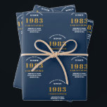 Feuille De Papier Cadeau 40th Birthday 1983 Blue Gold Ajouter un nom<br><div class="desc">Un design personnalisé de papier d'emballage pour cette fête d'anniversaire pour une personne spéciale. Ajoutez le nom à ce design vintage de style rétro bleu et or pour un cadeau d'anniversaire personnalisé. Modifiez facilement le nom et l'année avec le modèle fourni. Un merveilleux cadeau d'anniversaire personnalisé. Plus de cadeaux et...</div>