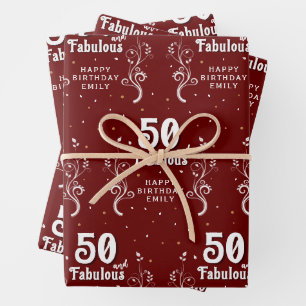 Feuille De Papier Cadeau 50 ans et Fabuleux Feuillage Rouge 50e Anniversair