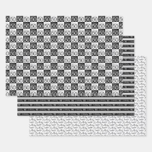 Feuille De Papier Cadeau 50e anniversaire Blanc Noir Typographie Stripes Ch