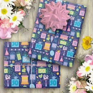 Feuille De Papier Cadeau 50e anniversaire gâteau présente Ballons Bleu