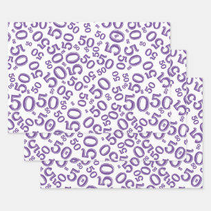 Feuille De Papier Cadeau 50e anniversaire Motif de nombres aléatoires viole