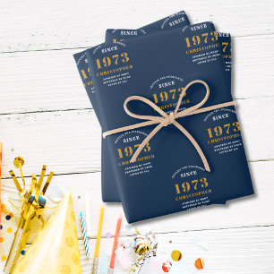 Feuille De Papier Cadeau 50th Birthday 1973 Blue Gold Ajouter un nom