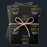Feuille De Papier Cadeau 50th Birthday born 1975 Ajouter Nom Black Gold<br><div class="desc">Un design personnalisé de papier d'emballage pour cette fête d'anniversaire pour une personne spéciale. Ajoutez le nom à ce design vintage de style rétro noir et or pour un cadeau d'anniversaire personnalisé. Modifiez facilement le nom et l'année avec le modèle fourni. Un merveilleux cadeau d'anniversaire personnalisé. Plus de cadeaux et...</div>