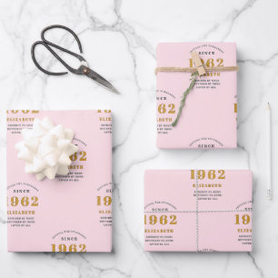Feuille De Papier Cadeau 60e anniversaire 1962 Elégant Gold rose Grey