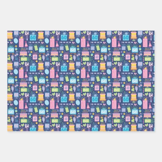 Feuille De Papier Cadeau 60e anniversaire gâteau présente Ballons Bleu (Devant 3)