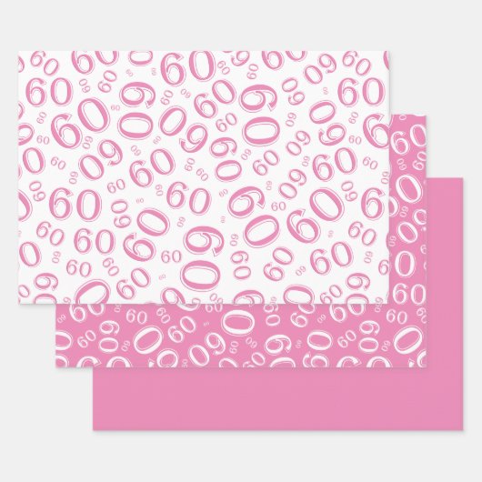 Feuille De Papier Cadeau 60e anniversaire Motif des numéros rose et blanc 6 (Lot)