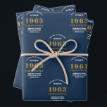 Feuille De Papier Cadeau 60th Birthday 1963 Blue Gold Ajouter un nom<br><div class="desc">Un design personnalisé de papier d'emballage pour cette fête d'anniversaire pour une personne spéciale. Ajoutez le nom à ce design vintage de style rétro bleu et or pour un cadeau d'anniversaire personnalisé. Modifiez facilement le nom et l'année avec le modèle fourni. Un merveilleux cadeau d'anniversaire personnalisé. Plus de cadeaux et...</div>