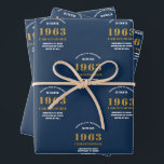 Feuille De Papier Cadeau 60th Birthday 1963 Blue Gold Ajouter un nom<br><div class="desc">Un design personnalisé de papier d'emballage pour cette fête d'anniversaire pour une personne spéciale. Ajoutez le nom à ce design vintage de style rétro bleu et or pour un cadeau d'anniversaire personnalisé. Modifiez facilement le nom et l'année avec le modèle fourni. Un merveilleux cadeau d'anniversaire personnalisé. Plus de cadeaux et...</div>