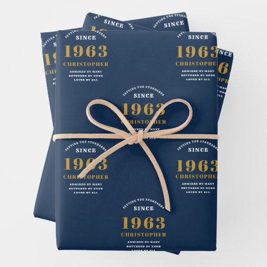 Feuille De Papier Cadeau 60th Birthday 1963 Blue Gold Ajouter un nom (En situation)