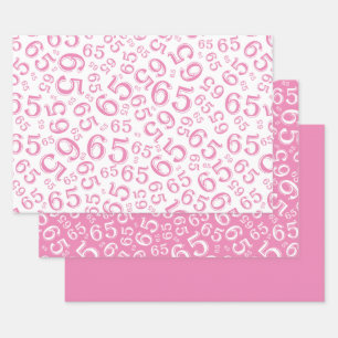 Feuille De Papier Cadeau 65e anniversaire Motif des numéros rose et blanc