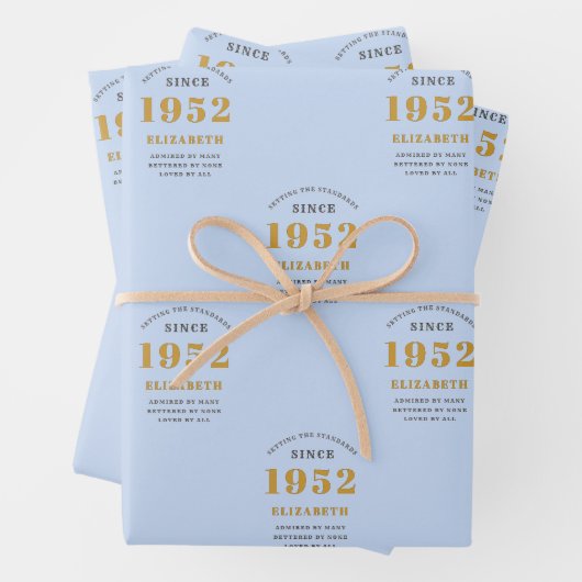 Feuille De Papier Cadeau 70e anniversaire 1952 Elégant Gold Blue Grey (En situation)