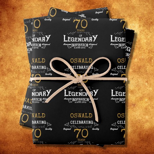 Feuille De Papier Cadeau 70e anniversaire Black Gold Legendary Retro