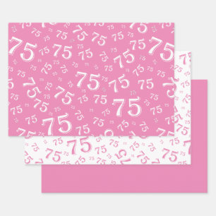 Feuille De Papier Cadeau 75e anniversaire Motif des numéros rose et blanc