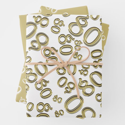 Feuille De Papier Cadeau 80e anniversaire Gold & White Number Motif 80 (En situation)