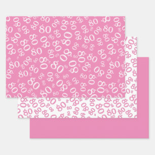 Feuille De Papier Cadeau 80e anniversaire Motif des numéros rose et blanc 8