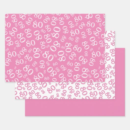 Feuille De Papier Cadeau 80e anniversaire Motif des numéros rose et blanc 8 (Lot)