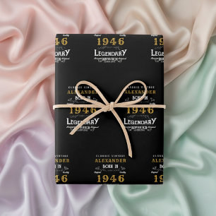 Feuille De Papier Cadeau 80e anniversaire Né en 1946 Légende Vintage Noir