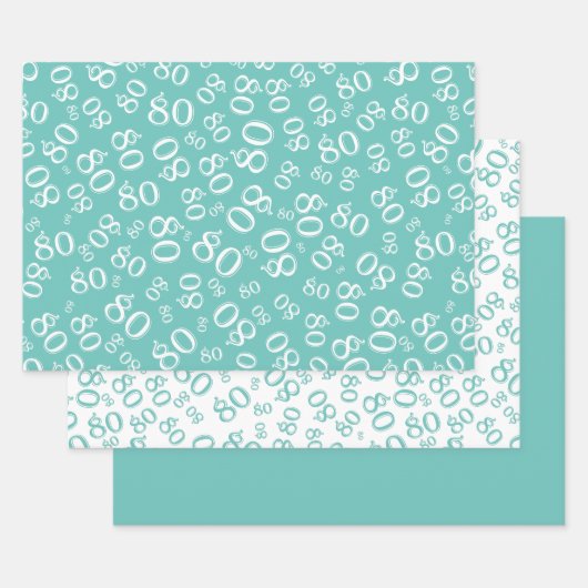 Feuille De Papier Cadeau 80e anniversaire Turquoise & blanc Motif 80 (Lot)