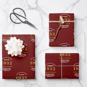 Feuille De Papier Cadeau 90e Anniversaire 1932 Or rouge pour lui Nom Année