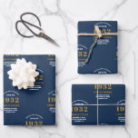 Feuille De Papier Cadeau 90th Birthday 1932 Blue Gold For He Ajouter un nom<br><div class="desc">Un design personnalisé de papier d'emballage pour cette célébration d'anniversaire pour une personne spéciale née en 1932 et à l'âge de 90 ans. Ajoutez le nom à ce design vintage de style rétro bleu et or pour un cadeau personnalisé de 90ème anniversaire. Modifiez facilement le nom et l'année avec le...</div>