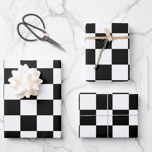 Feuille De Papier Cadeau à damiers carré noir et blanc (Recto)