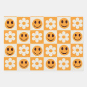 Feuille De Papier Cadeau à damiers fleurs blanches et visages oranges souri (Devant 3)