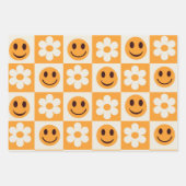 Feuille De Papier Cadeau à damiers fleurs blanches et visages oranges souri (Devant 2)