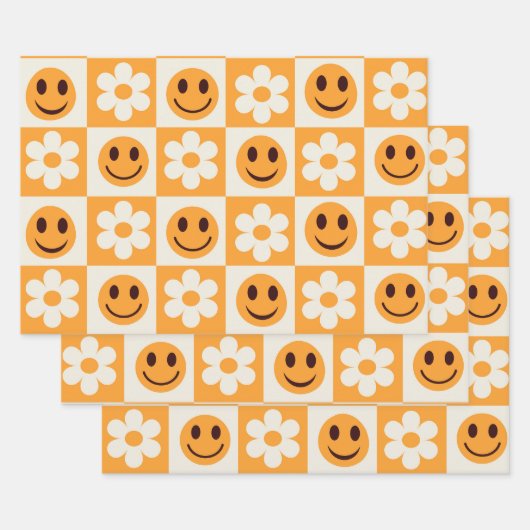 Feuille De Papier Cadeau à damiers fleurs blanches et visages oranges souri (Lot)