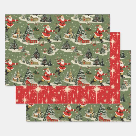 Feuille De Papier Cadeau A Very Retro Merry & Bright Santas (Lot)