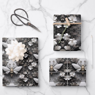 Feuille De Papier Cadeau Abeille de miel dorée sur toile florale