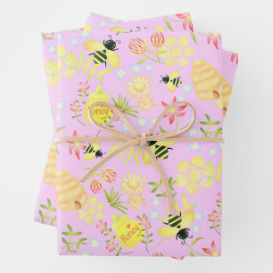 Feuille De Papier Cadeau Abeille de miel rose