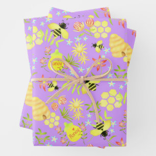 Feuille De Papier Cadeau Abeille de miel violet