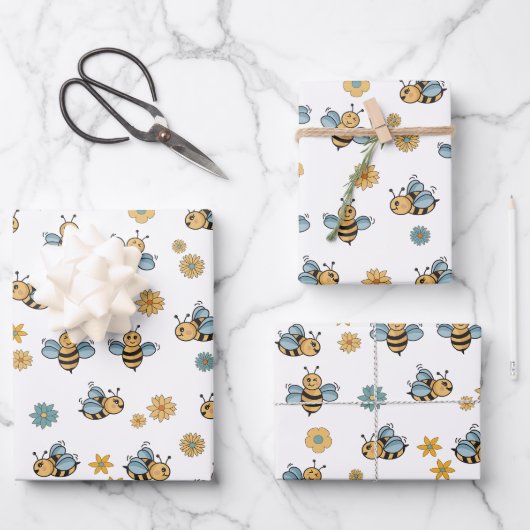 Feuille De Papier Cadeau Abeilles de miel mignonnes et Fleurs sauvages flor (Recto)