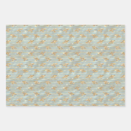 Feuille De Papier Cadeau Abeilles d'or en bleu et or (Devant)