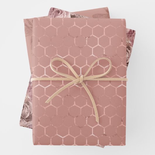 Feuille De Papier Cadeau Abeilles d'or roses et fleurs (En situation)