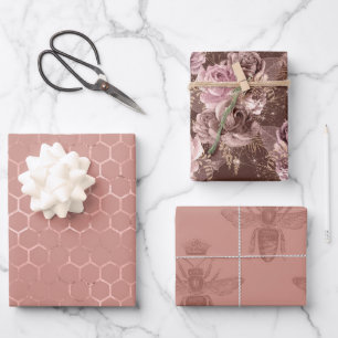 Feuille De Papier Cadeau Abeilles d'or roses et fleurs