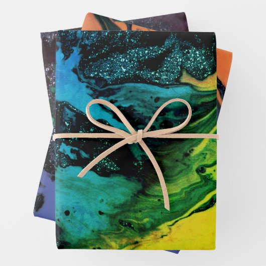 Feuille De Papier Cadeau Abstrait, créatif, marbre, vert, jaune, rose (En situation)
