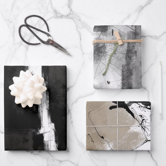 Feuille De Papier Cadeau abstrait rustique gris-blanc noir moderne (Recto)