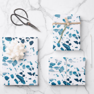 Feuille De Papier Cadeau Abstrait Terrazzo Mosaic Marine et Motif bleu clai
