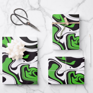 Feuille De Papier Cadeau Abstrait Vert, noir et blanc Fluide Art