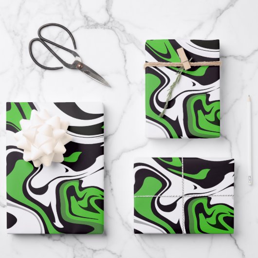 Feuille De Papier Cadeau Abstrait Vert, noir et blanc Fluide Art (Recto)