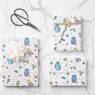 Feuille De Papier Cadeau Abstraits Colorés Hiboux Fougères Fleurs