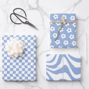 Feuille De Papier Cadeau Ado fille Pastel Bleu Blanc Verre À damiers Fleur